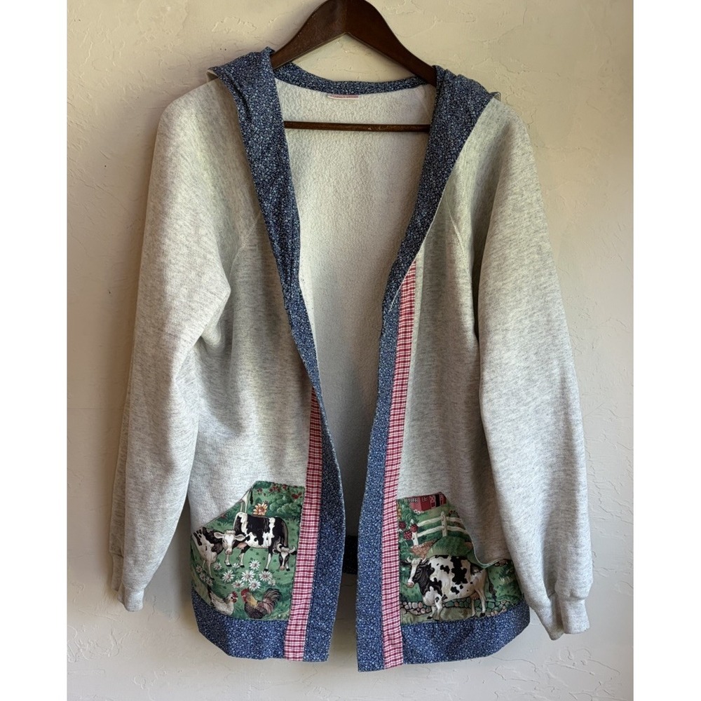 Vintage Patchwork Farmhouse Cardigan Sweatshirt L XL Novelty Cow Cottagecore